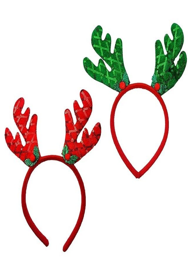 Partunay 2 Pcs REd Green Reindeer Antlers Christmas THairband Christmas Headbands Christmas Costume for Kids Adults Christmas Xmas Props Party Favor Christmas Xmas New Year Celebration Item - Image 1